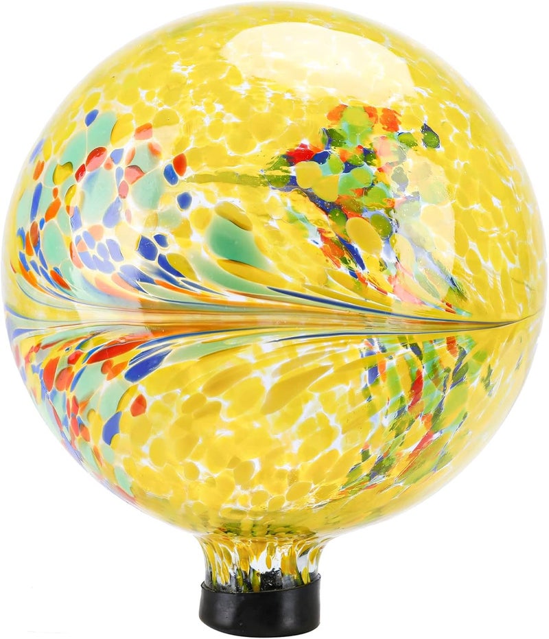 VCUTEKA Gazing Ball, Glass Gazing Balls Sphere for Garden Lawn Outdoor Ornament Yard Decorative, Yellow Swirl, 10" - Image 1